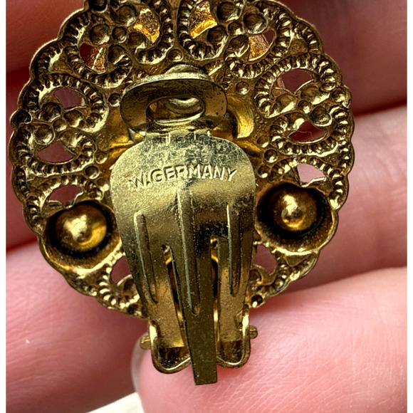 VTG West Germany Clipon Earrings Hubbell Glass Faux Turquoise Gold Tone Filigree - Picture 5 of 8